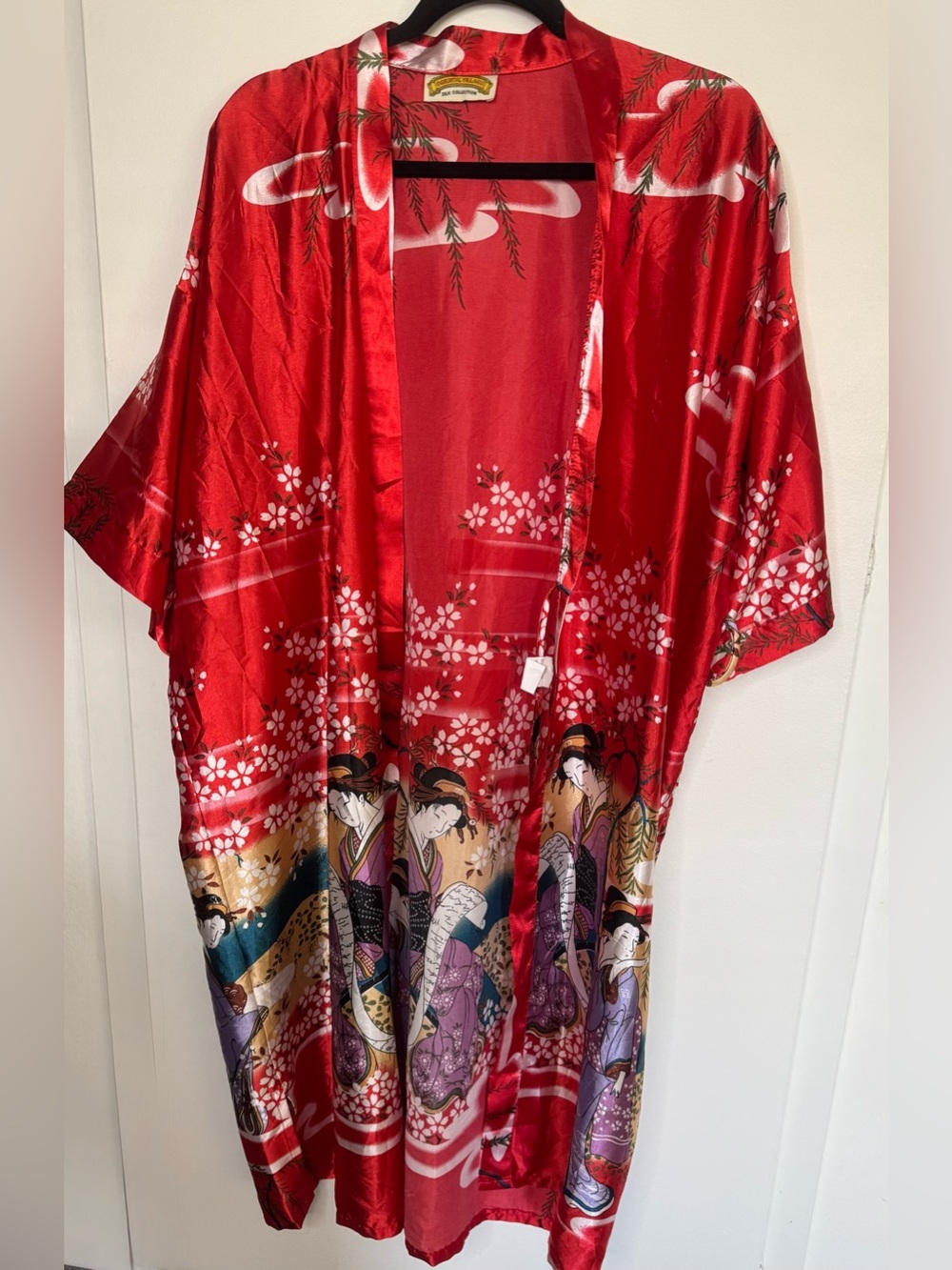 Vintage Oriental Village Silk Collection Red Geisha Kimono Robe Long OS